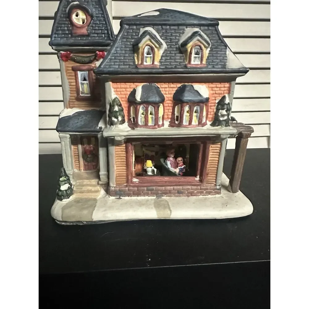 Illuminated Christmas Village Victorian House w/ Figures - Holiday Decor